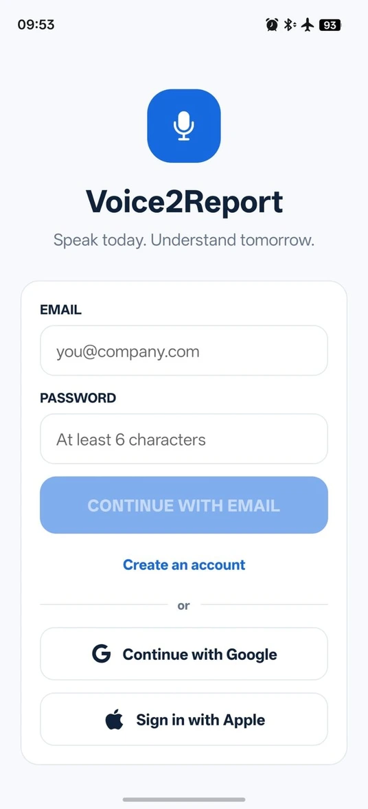 Screenshot of the actual Voice2Report Android beta login screen