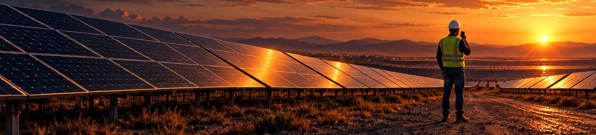 Photovoltaic construction field at sunset — original Voice2Report brand artwork